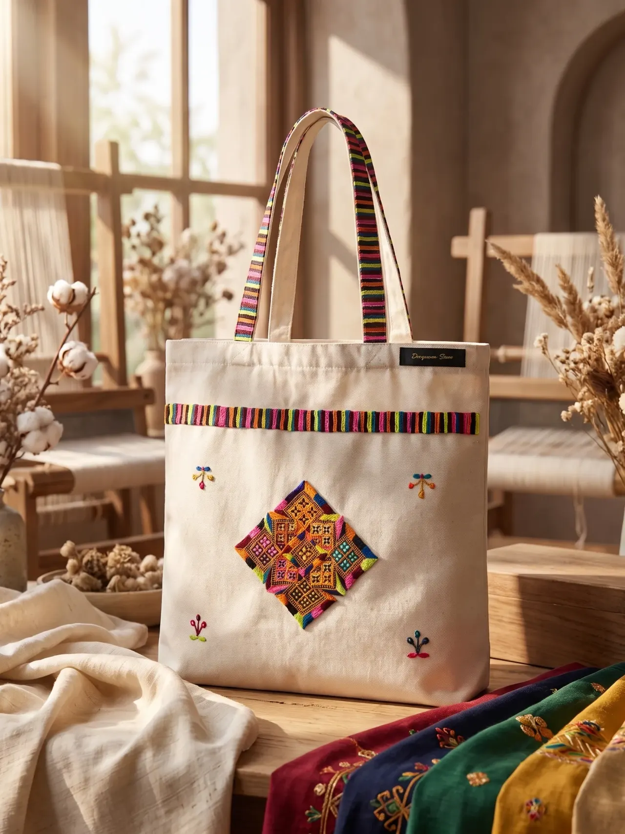 A cream canvas tote bag with rainbow-striped handles and an orange and pink diamond patchwork motif
